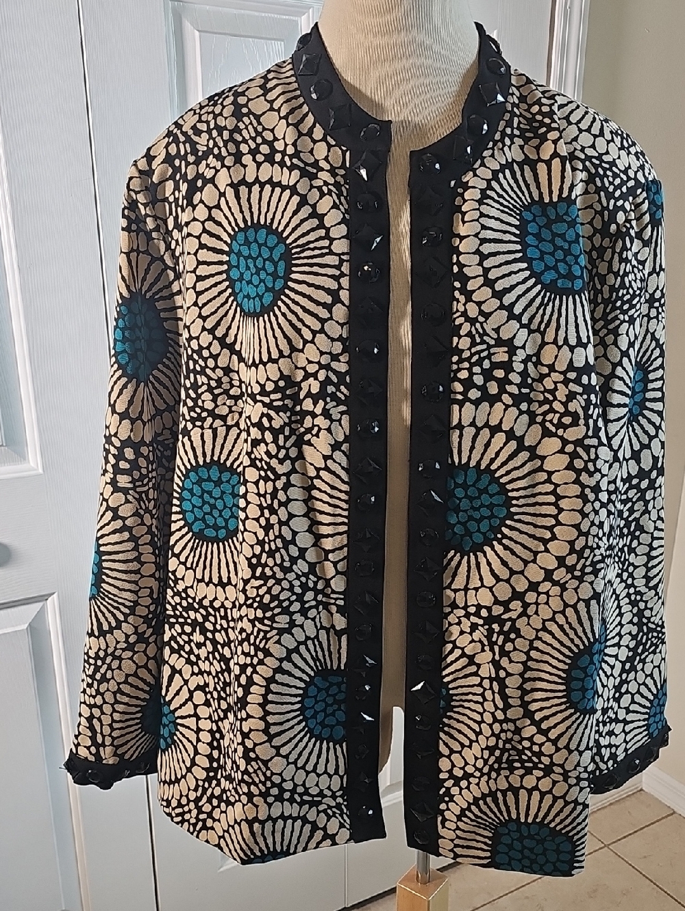 Black, Cream, Floral-Print OpenJacket with Teal Accents. Beading Size 2X